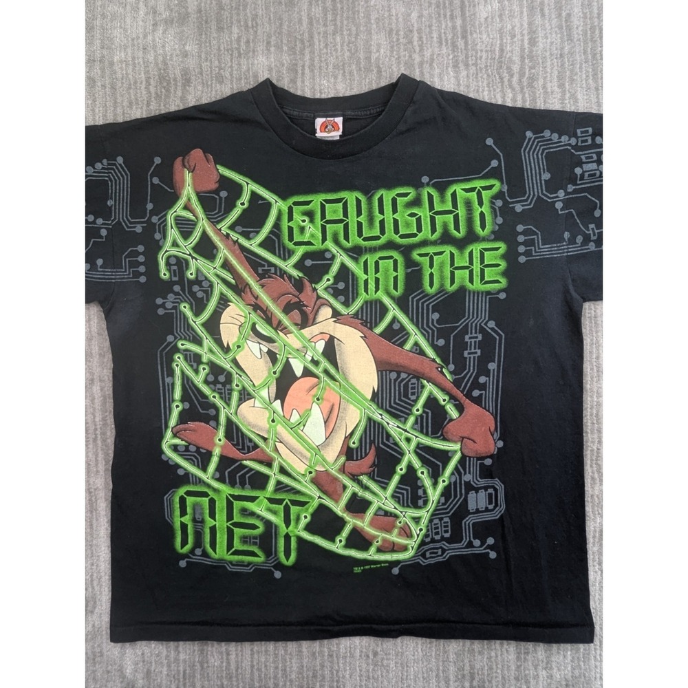 Vintage Looney Tunes Taz Shirt Mens L Caught In The Net 90s Black AOP USA 1997